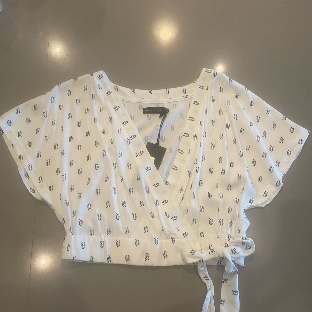 Cropped White Wrap Top with Blue Pattern